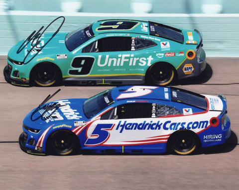 Dual-signed 8x10 NASCAR photo of Kyle Larson and Chase Elliott racing at Homestead-Miami Speedway during the 2025 season. Featuring bold, clear autographs and vivid track action, this collectible includes a COA and makes a fantastic gift for any NASCAR fan or memorabilia collector.