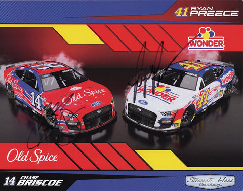 Colorful 2023 Hero Card featuring Ryan Preece in the Wonder Bread #41 and Chase Briscoe in the Old Spice #14 car, both autographed. A nostalgic nod to Talladega Nights, this 9x11 NASCAR collectible includes a COA and makes a perfect gift for racing fans and movie lovers.