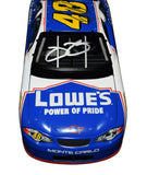 Alt Text 3:
Collectible 2002 Jimmie Johnson and Chad Knaus dual signed #48 Lowe's Power of Pride Pit Stop Series Team Caliber 1/24 NASCAR diecast with detailed craftsmanship and authentic autographs. Includes a Certificate of Authenticity plus a rigid, plastic toploader for protection and attractive display.