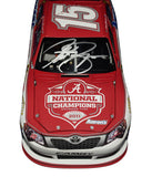 Collectible 2012 Alabama National Champions NASCAR diecast featuring dual signatures from Clint Bowyer and Michael Waltrip, detailed Crimson Tide graphics, limited production status, and included Certificate of Authenticity for memorabilia enthusiasts.