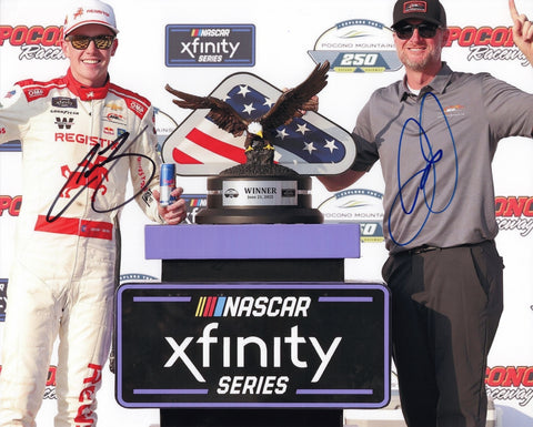 Dual autographed 2025 Connor Zilisch and Dale Earnhardt Jr Pocono Victory Lane trophy photo showing Zilisch holding the winning trophy with Dale Jr beside him and the #88 Registix car visible. This signed 8x10 NASCAR collectible includes a COA, makes a great gift, and we are always here to help with any questions.