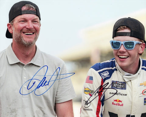 Dual autographed 2025 Connor Zilisch and Dale Earnhardt Jr Brickyard win photo showing both drivers celebrating the #88 WeatherTech team’s 100th Xfinity victory at Indianapolis Motor Speedway. This signed 8x10 NASCAR collectible includes a COA, makes a great gift, and we are always here to help with any questions.