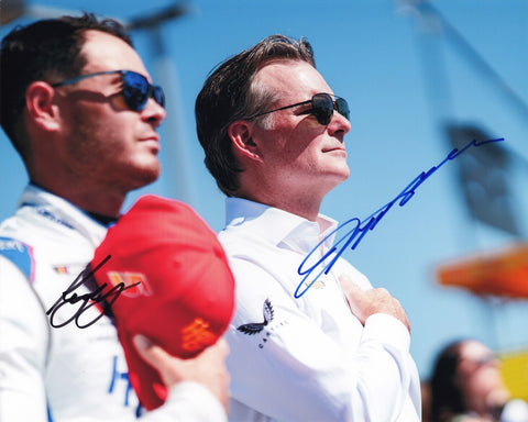 Dual autographed 2025 Kyle Larson and Jeff Gordon pit road national anthem photo showing both Hendrick Motorsports drivers standing respectfully during pre-race ceremonies with #5 team elements visible. This signed 8x10 NASCAR collectible includes a COA, makes a great gift, and we are always here to help with any questions.