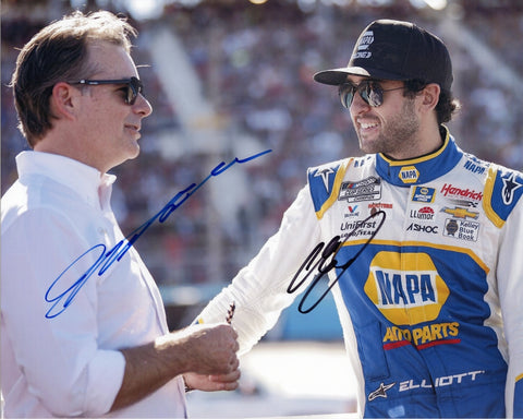 Autographed Chase Elliott and Jeff Gordon NAPA Racing pit road photo showing both Hendrick Motorsports drivers standing together with #9 team branding visible behind them. This dual-signed 8x10 NASCAR collectible includes a COA, makes a great gift, and we are always here to help with any questions.