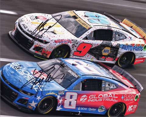 Dual autographed Chase Elliott and Kyle Busch 2024 Daytona Speedway photo showing both drivers together with the #9 NAPA and #8 Global Industrial branding visible behind them. This signed 8x10 NASCAR collectible includes a COA, makes a great gift, and we are always here to help with any questions.