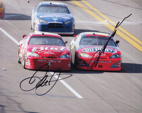 Dual autographed 8x10 photo of Jeff Gordon and Dale Earnhardt Jr from the 2004 Talladega race featuring the iconic beer can–throwing crowd reaction. This NASCAR collectible comes with a COA, makes a great gift for fans, and we are always here to help with any questions.