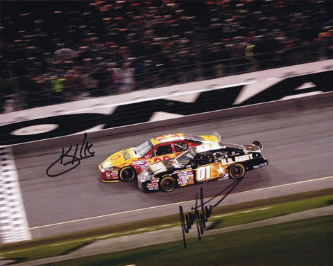 Dual autographed Kevin Harvick and Mark Martin 2007 Daytona 500 finish photo showing both cars racing side by side at the checkered flag with the #29 Pennzoil Chevrolet and #01 ARMY Chevrolet visible. This signed 8x10 NASCAR collectible includes a COA, makes a great gift, and we are always here to help with any questions.