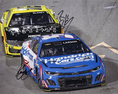 Dual autographed 2025 Kyle Larson and Ryan Blaney short track racing photo showing both drivers standing together with the #5 Hendrick Motorsports Chevrolet and #12 Menards Ford represented. This signed 8x10 NASCAR collectible includes a COA, makes a great gift, and we are always here to help with any questions.