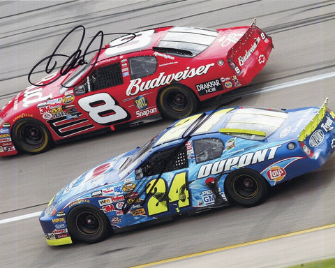 Celebrate NASCAR history with this 8X10 glossy photo featuring dual autographs of Dale Earnhardt Jr. and Jeff Gordon at Talladega in 2005.