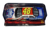 Close-up of the 2003 Jimmie Johnson and Chad Knaus dual signed #48 Lowe's Power of Pride Chase The Race Collector's Series Action 1/24 scale NASCAR diecast with premium detailing and authentic autographs. Includes a Certificate of Authenticity and a rigid, plastic toploader for protection and display.