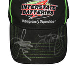 Close-up of the 2X signed Kyle Busch and Joe Gibbs #18 Interstate Batteries Chase Authentics NASCAR hat showcasing both autographs, recognizable Interstate Batteries racing graphics, and classic team styling. Includes a Certificate of Authenticity for an impressive addition to a signed NASCAR memorabilia display.