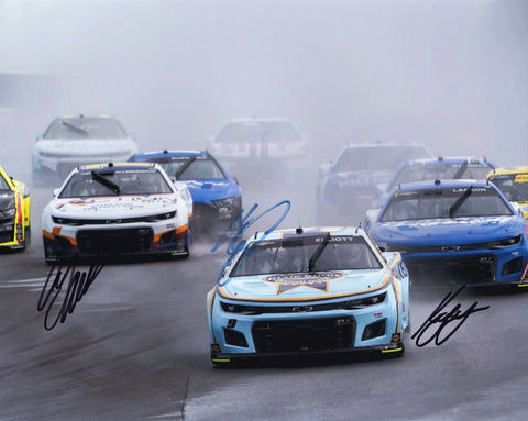 Elevate your NASCAR memorabilia collection with this remarkable 3X AUTOGRAPHED Chase Elliott, Kyle Larson, and AJ Allmendinger 2022 Road Course Photo.