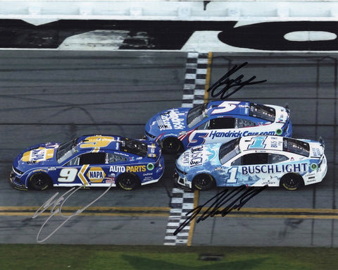 Authentic autographed 2024 Daytona 500 photo featuring Chase Elliott, Kyle Larson, and Ross Chastain. Limited availability. Perfect gift for NASCAR enthusiasts!