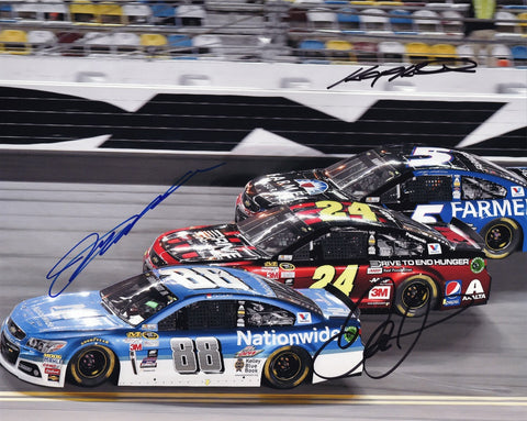 Celebrate NASCAR history with a triple-signed photo of Dale Earnhardt Jr., Jeff Gordon, and Kasey Kahne. Guaranteed authenticity and a Certificate of Authenticity included.