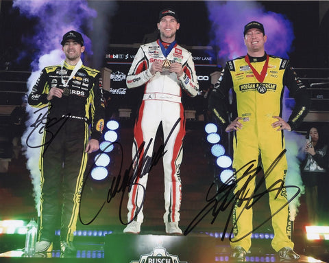 Capture the excitement of the 2024 Busch Clash victory with this authentic autographed photo showcasing Denny Hamlin, Ryan Blaney, and Kyle Busch's signatures. Limited stock. Ideal for NASCAR memorabilia collectors!