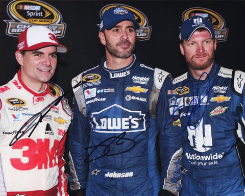 This triple-signed 8X10 glossy photo captures the essence of teamwork and excellence in NASCAR, featuring the genuine autographs of Jeff Gordon, Dale Earnhardt Jr., and Jimmie Johnson from the 2015 Hendrick Motorsports Team.