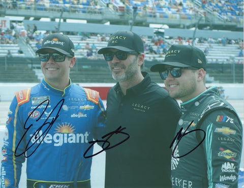 Autographed Jimmie Johnson, Erik Jones & Noah Gragson 2023 Legacy Motor Club Team triple signed 9x11 inch NASCAR glossy photo with Certificate of Authenticity (COA).