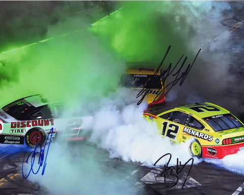 Experience the thrill of NASCAR's 2021 season with this Triple Signed 8X10 photo featuring the authentic autographs of Joey Logano, Ryan Blaney, and Brad Keselowski.