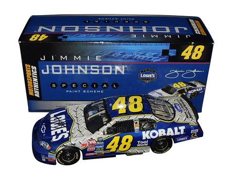 Rare 2006 Jimmie Johnson #48 Kobalt Racing RCCA Club Bank 1/24 scale diecast car, signed by Jimmie Johnson, Rick Hendrick, and Chad Knaus. Features a special paint scheme and COA, making it a valuable collectible for NASCAR fans. Ideal for gift-giving.