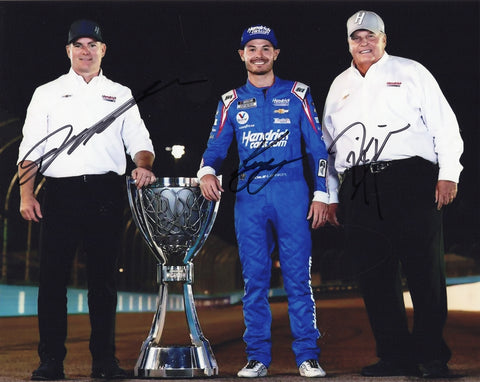 Authentic 2021 Phoenix Raceway NASCAR champion photo featuring Larson, Gordon, and Hendrick with their signatures. This collectible 8x10 glossy print includes a Certificate of Authenticity and is an ideal gift for racing fans.