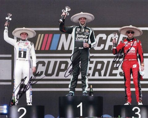 Triple autographed 2025 Mexico City Race podium photo featuring Shane Van Gisbergen, Chase Elliott, and Christopher Bell standing together after finishing top three, with podium graphics and team branding visible. This signed 8x10 NASCAR collectible includes a COA, makes a great gift, and we are always here to help with any questions.
