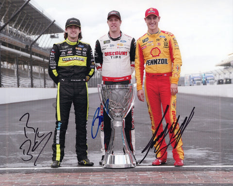 Capture the thrill of NASCAR with this triple-signed 8x10 inch photo featuring Ryan Blaney, Joey Logano, and Brad Keselowski from Team Penske. Each signature is a testament to our commitment to authenticity, obtained through exclusive signings. Your purchase includes a Certificate of Authenticity, and we proudly offer a 100% lifetime authenticity guarantee. 