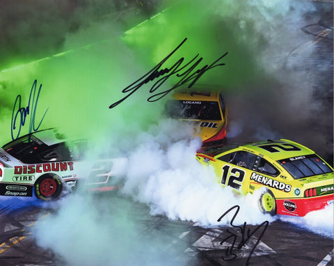 Experience the thrill of NASCAR's 2021 season with this Triple Signed 8X10 photo featuring the authentic autographs of Joey Logano, Ryan Blaney, and Brad Keselowski.