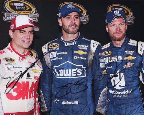 This triple-signed 8X10 glossy photo captures the essence of teamwork and excellence in NASCAR, featuring the genuine autographs of Jeff Gordon, Dale Earnhardt Jr., and Jimmie Johnson from the 2015 Hendrick Motorsports Team.