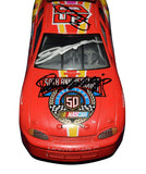 Premium 1998 NASCAR 50th Anniversary Program Car triple signed by Jeff Gordon, Bill Elliott, and Darrell Waltrip on a detailed 1/24 scale diecast celebrating five decades of NASCAR history. Includes a Certificate of Authenticity and makes an outstanding gift for collectors.