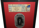 Framed autographed 2009 Metallica Meet & Greet memorabilia featuring signed ticket and dollar bill photo by Kirk Hammett, James Hetfield, Robert Trujillo, and Lars Ulrich. A unique, collectible gift idea, with a lifetime authenticity guarantee for peace of mind.