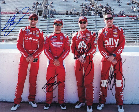 Four-driver autographed Martinsville pit road photo featuring Chase Elliott, Kyle Larson, William Byron, and Alex Bowman standing together in 2024 with Hendrick Motorsports branding and pit road details visible. This signed 8x10 NASCAR collectible includes a COA, makes a great gift, and we are always here to help with any questions.