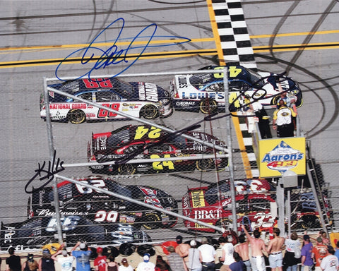 Four-driver autographed 2011 Talladega Race photo featuring Dale Earnhardt Jr., Jeff Gordon, Jimmie Johnson, and Kevin Harvick during the closest finish in track history, with cars and racing action clearly visible. This signed 8x10 NASCAR collectible includes a COA, makes a great gift, and we are always here to help with any questions.