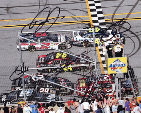 This beautiful picture was hand-signed by five NASCAR drivers through a well-respected representative of Trackside Autographs. This would make the perfect gift idea for any NASCAR fan! All signatures are obtained through public/private signings and garage area access via HOT Passes. You will receive a Certificate of Authenticity with your purchase and we also offer a 100% life-time guarantee regarding authenticity!