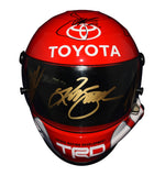2022 Toyota Racing Daytona mini helmet signed by eight drivers and team figures, showcasing bold Toyota graphics and detailed finish. Includes COA and offers strong display appeal for NASCAR fans. Makes a great gift. We are always here to help with any questions.
