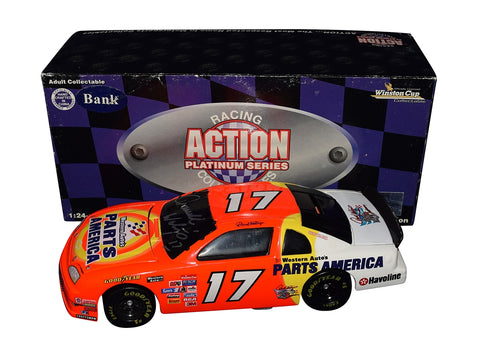 Travel back in time with the Autographed 1983 Darrell Waltrip #17 Western Auto Parts America Vintage Black Window Bank Diecast Car, a limited vintage collectible. Exclusive signatures acquired through special signings and HOT Pass access. Includes Certificate of Authenticity (COA) – an ideal gift for NASCAR fans and collectors.