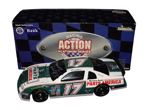 Take a nostalgic journey with the Autographed 1984 Darrell Waltrip #17 Western Auto Parts America Vintage Black Window Bank Diecast Car, a limited vintage collectible. Exclusive signatures acquired through special signings and HOT Pass access. Includes Certificate of Authenticity (COA) – an ideal gift for NASCAR fans and collectors.