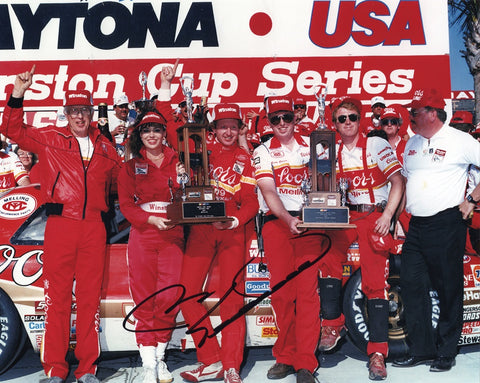 Relive the historic moment with this AUTOGRAPHED 1985 Bill Elliott #9 Coors Racing DAYTONA 500 WIN Vintage Photo. Elliott's signature, captured in exquisite detail, is the highlight of this collector's gem. Your purchase includes a Certificate of Authenticity, providing undeniable proof of its genuineness. We proudly offer a 100% lifetime authenticity guarantee, ensuring your investment is secure.