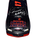 Own a piece of history with the Autographed 1997 Darrell Waltrip #17 Western Auto Parts America CHROME Vintage Black Window Bank Diecast Car, a limited vintage collectible. Exclusive signatures acquired through special signings and HOT Pass garage access. Includes Certificate of Authenticity (COA) – a cherished item for NASCAR fans and collectors.