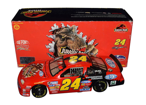 Autographed 1997 Jeff Gordon #24 DuPont Racing Jurassic Park The Ride diecast car. This collectible, signed through exclusive signings and HOT Pass access, includes a Certificate of Authenticity and our lifetime authenticity guarantee. Ideal gift for NASCAR and movie memorabilia collectors.