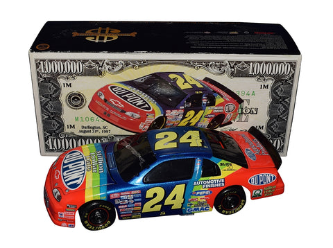 AUTOGRAPHED 1997 Jeff Gordon #24 DuPont Racing MILLION DOLLAR DATE (The Winston All-Star Win) Vintage Black Window Bank Signed Action 1/24 Scale NASCAR Diecast Car with COA