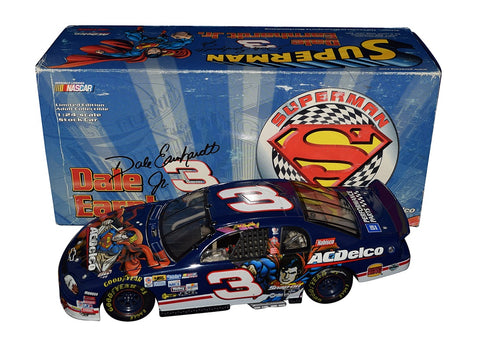 A front-facing view of the 1999 Dale Earnhardt Jr. #3 ACDelco Racing Superman Car diecast, capturing the vibrant colors and meticulous detailing that make it a standout piece in any collection of NASCAR memorabilia.