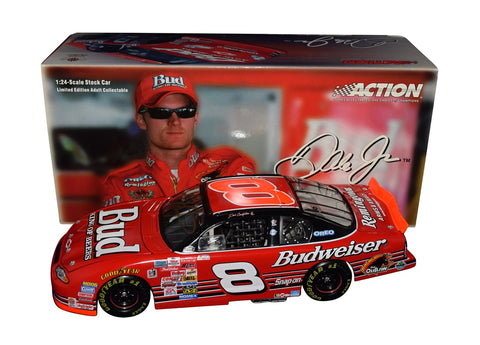A detailed view of the 1/24 scale diecast car showcasing the authentic signature of Dale Earnhardt Jr. on the hood, obtained through exclusive signings.