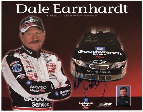 Commemorate Dale Earnhardt Sr.'s 7-time championship legacy with this signed 2000 #3 GM Goodwrench Racing hero card. This vintage NASCAR photo is autographed by Earnhardt and includes a COA, making it a highly valuable and unique collectible for racing enthusiasts.