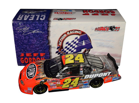 Autographed 2002 Jeff Gordon #24 DuPont Racing Clear Car - Side View: Authentic signatures adorn the sleek body of this iconic racer, with DuPont Racing theme visible through the clear car design.