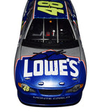 An up-close view of the AUTOGRAPHED 2002 Jimmie Johnson #48 Lowes FIRST CUP SERIES WIN Diecast Car, showcasing Jimmie Johnson's authentic signature, a symbol of racing greatness.