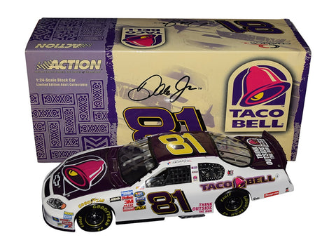 Autographed 2003 Dale Earnhardt Jr. #81 Taco Bell Racing Diecast Car with COA, featuring authentic signatures obtained through exclusive public/private signings and garage area access via HOT Passes. This limited-edition collectible comes with a Certificate of Authenticity, making it a prized possession for any NASCAR fan.