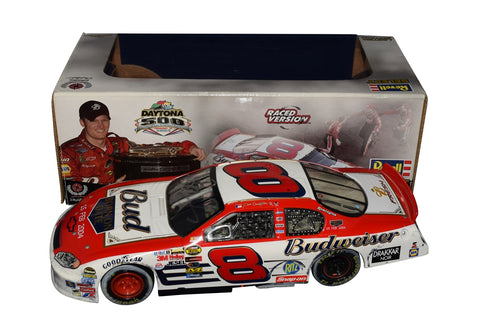 Autographed 2004 Dale Earnhardt Jr. #8 Bud Born on Date Daytona 500 Win diecast car. This collectible, signed through exclusive public and private signings with HOT Pass access, includes a Certificate of Authenticity and a lifetime authenticity guarantee. Ideal gift for NASCAR fans and collectors.