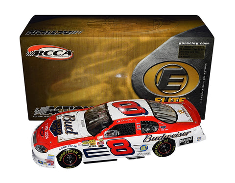 Autographed 2004 Dale Earnhardt Jr. #8 Budweiser Daytona Duel Diecast Car Description: Close-up image of the autographed 2004 Dale Earnhardt Jr. #8 Budweiser Daytona Duel diecast car, showcasing his signature on the windshield. Limited edition collectible with a Certificate of Authenticity.