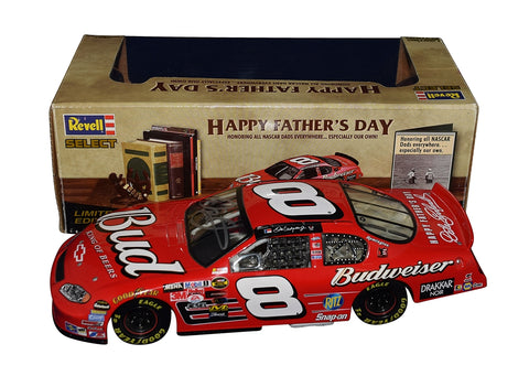 Autographed 2004 Dale Earnhardt Jr. #8 Budweiser Racing Happy Father's Day diecast car. This collectible, signed through exclusive public and private signings with HOT Pass access, includes a Certificate of Authenticity and a lifetime authenticity guarantee. Ideal gift for NASCAR fans and collectors.