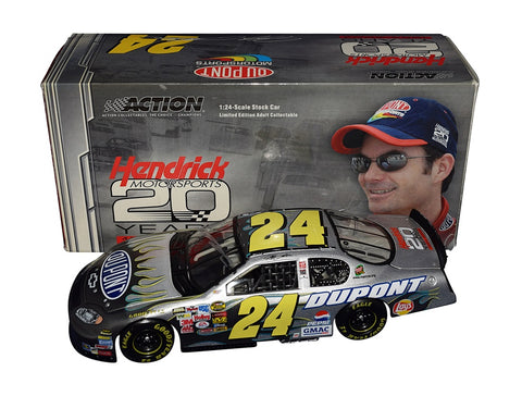Autographed 2004 Jeff Gordon #24 DuPont Hendrick 20th Anniversary Diecast Car - Side View: This side view showcases the iconic DuPont car commemorating Hendrick Motorsports' 20th anniversary, adorned with authentic signatures and exclusive details.